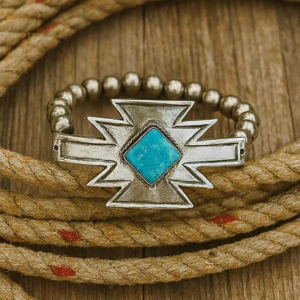 Southwestern Aztec Bracelet – Turquoise & Silver Beads Boho Western Style New